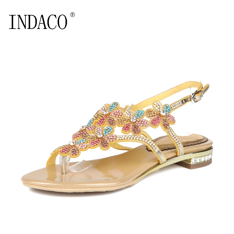 Rhinestone Thong Flat Sandals Summer Flat 2018 New Style Ankle Strap Flowers Summer Shoes Sandalia Feminina INDACO