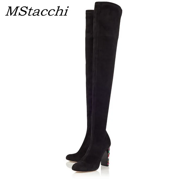 Mstacchi модых женскинских Botas Сапоги выше колен; с круглым носком высокое качество из флока; женская кожаная обувь с украшением в виде кристаллов на высоком каблуке Высокие сапоги; большие размеры 34-43