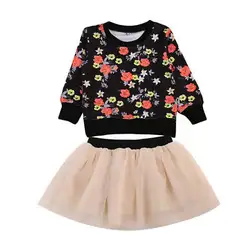 2 шт. дети милые Обувь для девочек цветочный свитер Топы с длинными рукавами + юбка Комплекты одежды 2017