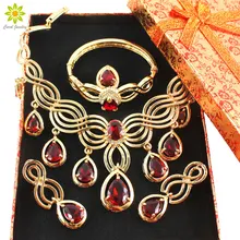 Свадебные африканские бусы комплект ювелирных изделий Красный Циркон Кристалл африканские Свадебные украшения наборы комплект ювелирных украшений золотистого цвета+ подарочные коробки