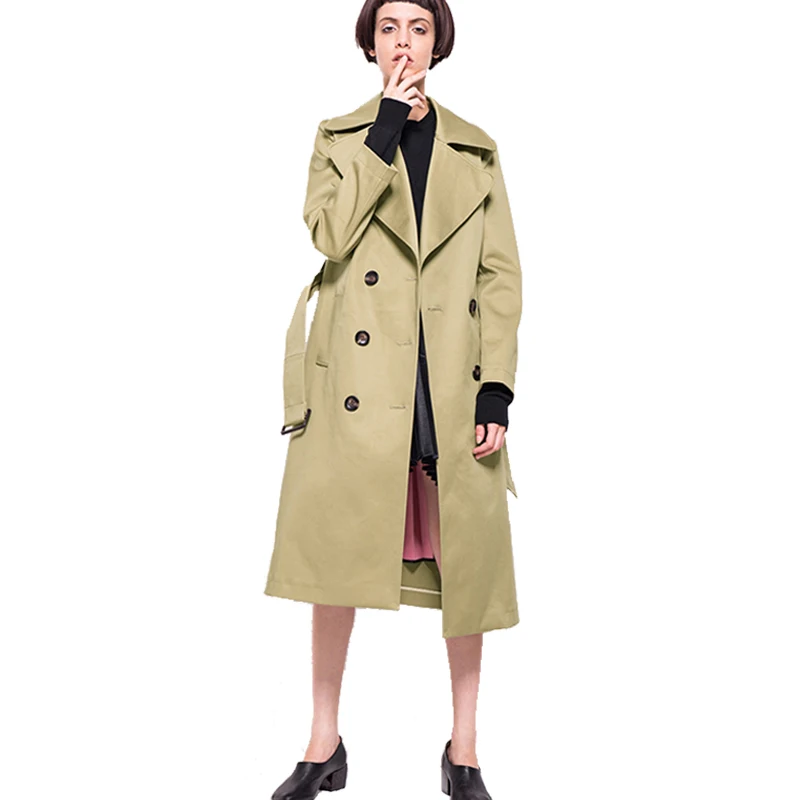 Solid Khaki Blue Women Casual Trench Coats 2017 Autumn Turn Down Collar