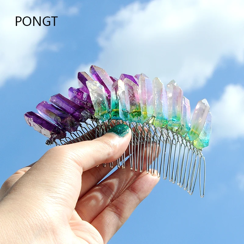 

Raw Crystal wedding hair comb Handmade quartz natural stone hair ornaments tiara jewelry bridal hair accessories hair pins