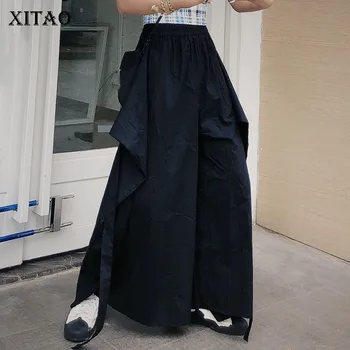 

[XITAO] Women Korea Fashion New 2019 Summer Pocket Wide Leg Pants Female Solid Color Elastic Waist Full Length Pants ZQ1936