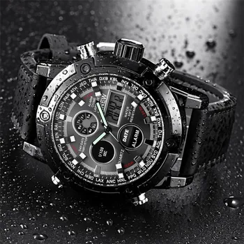 

reloj hombre acero inoxidable redondo Luxury Dual Movt Men's Leather Quarz Analog Digital LED Sport Wrist Watch reloj hombre