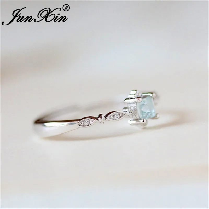JUNXIN Female Clear Blue Crystal Engagement Rings For Women 925 Silver Filled Small Square CZ Stacking Wedding Thin Ring Jewelry