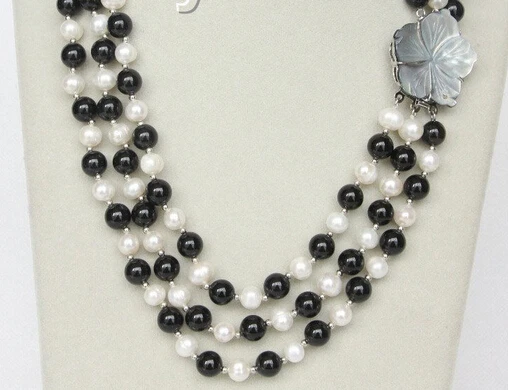 

FREE SHIPPING>>>@@ AS1499 17" 8mm 3row round white freshwater pearls black agate necklace