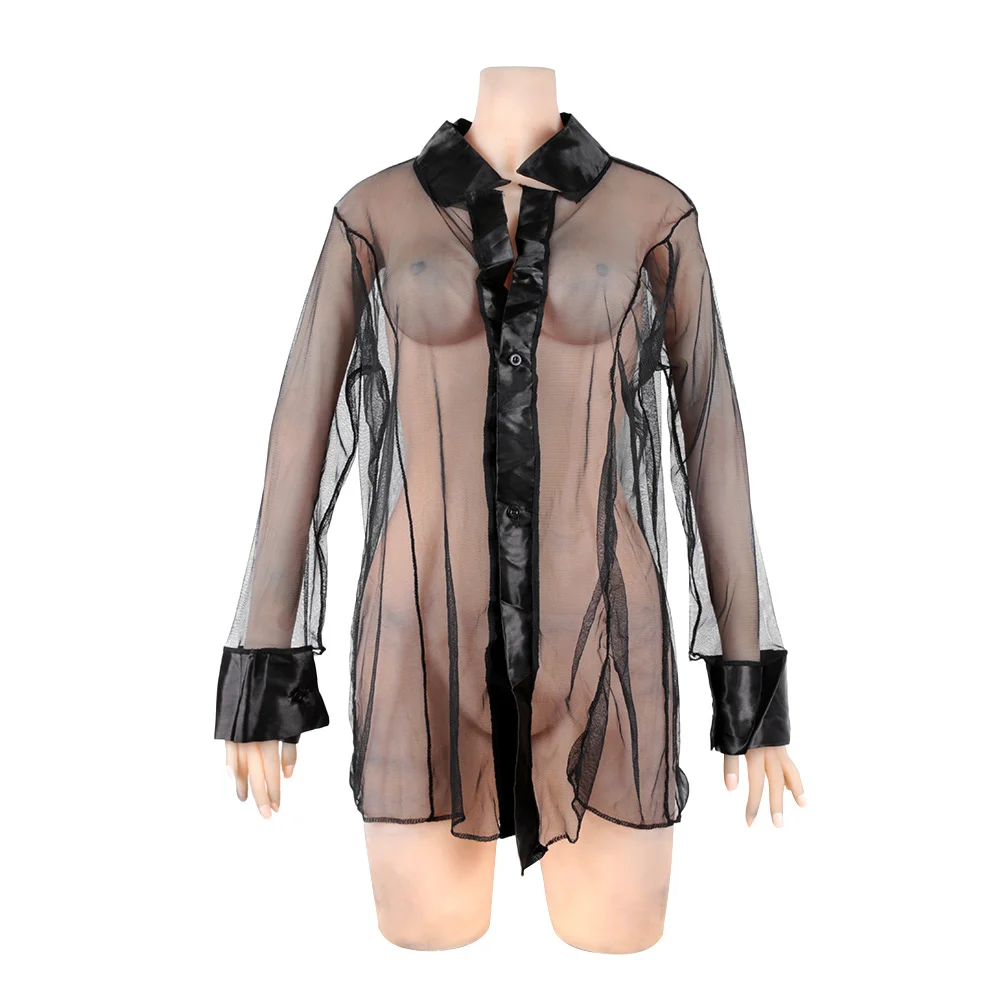 

Black/ Purple Woman Sexy Transparent Cardigan Sexy See through Sheer Mesh Long Sleeve T Shirt Tops Clubwear Tight Clothing