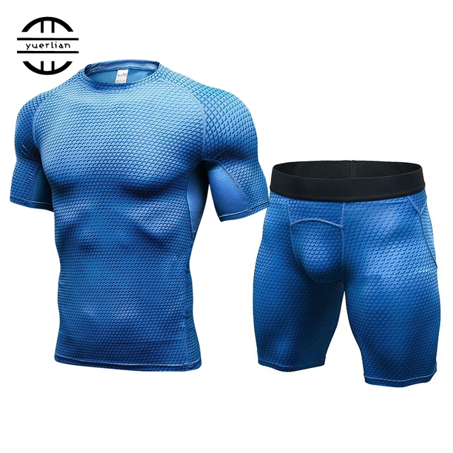 Cheap Yel 2 Pieces Sport Suit For Men Short Sleeve T-shirt + Shorts Fitness Tight Running Set Quick Dry Compression Men's Sportswear Cheap Yel 2 Pieces Sport Suit For Men Short Sleeve T-shirt + Shorts Fitness Tight Running Set Quick Dry Compression Men's Sportswear