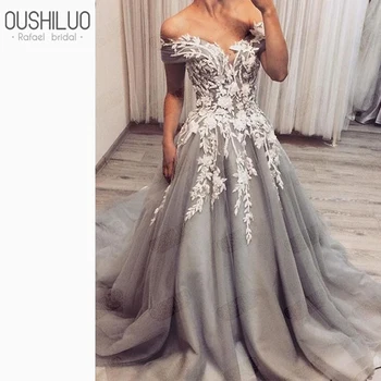 

Charming Long Formal Evening Dress Gown 2019 Silver Tulle Applique Puffy A Line Sweetheart Sweep Train Vintage Prom Dresses