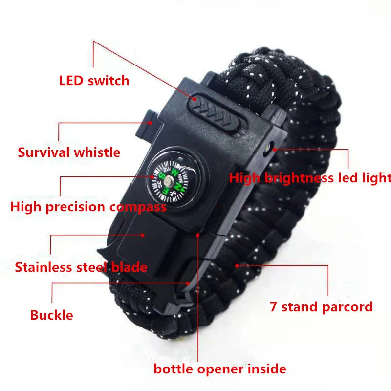 بقاء paracord 4 مللي متر سوار led متعددة الوظائف سوار بقاء البوصلة تخييم طوارئ المشي الانقاذ اليد حبل
