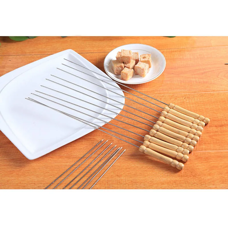 

10pcs Stainless Steel BBQ Skewer Sticks Fruit Shish Kebab Meat Wood Handle Barbecue Sticks Best Price