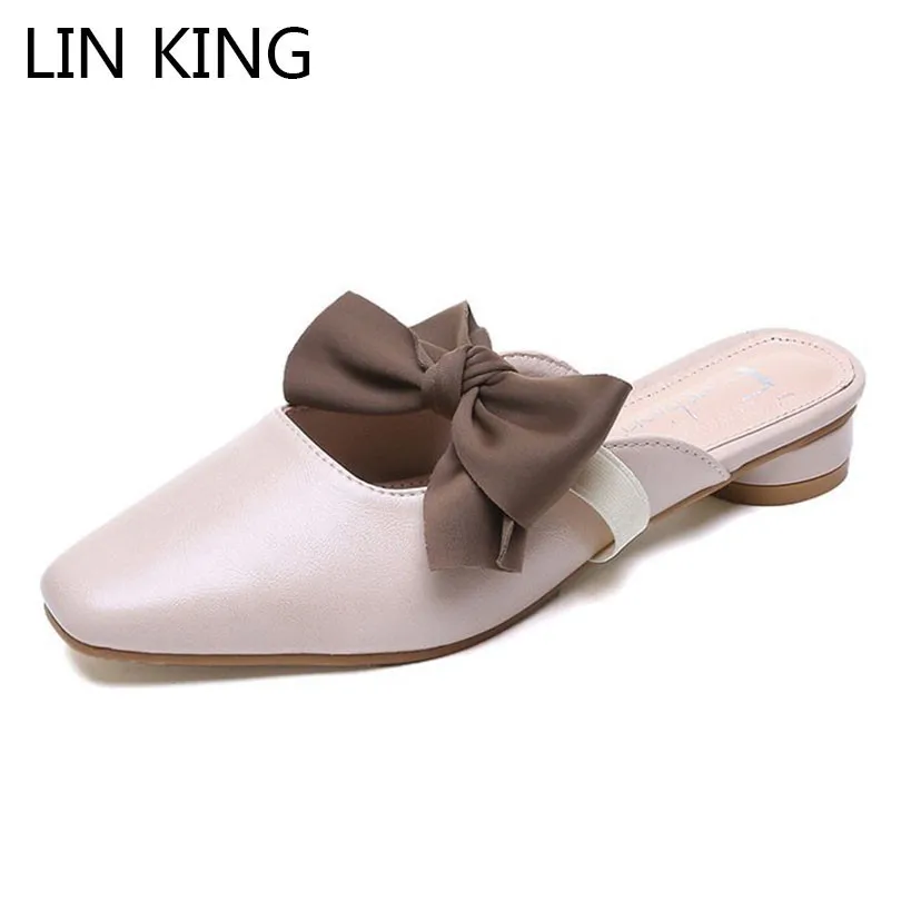 

LIN KING New Sweet Bowtie Women Slippers Solid Low Heel Ladies Square Toe Leather Sandals Flip Flop Ladies Summer Outdoor Slides