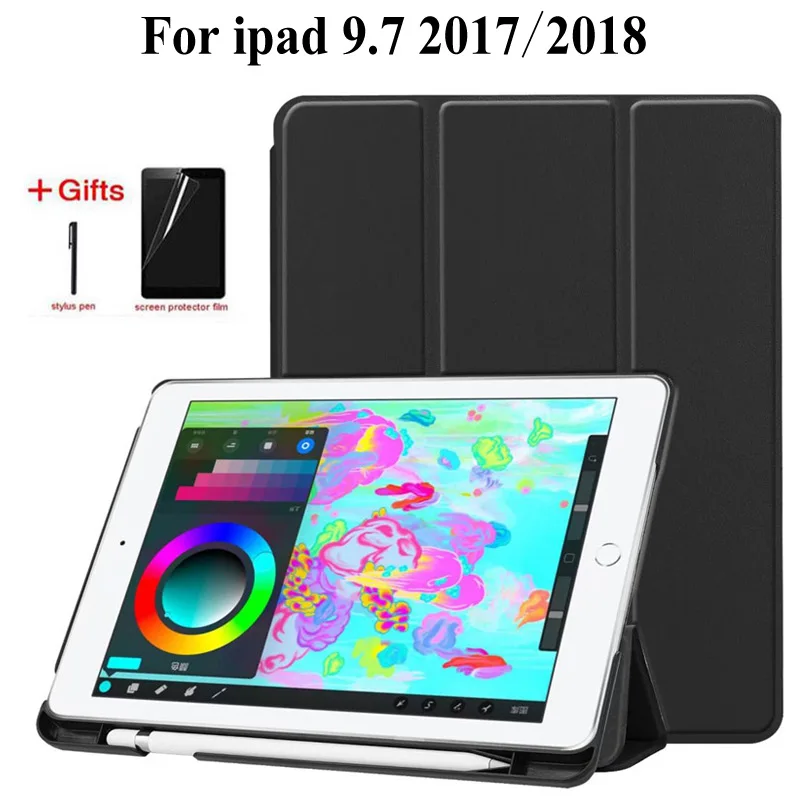 

Slim Stand Flip Leather Case For iPad 9.7 inch 2017 2018 with pencil holder Cover For iPad Air 1 2 9.7 inch Tablet Case+film+pen