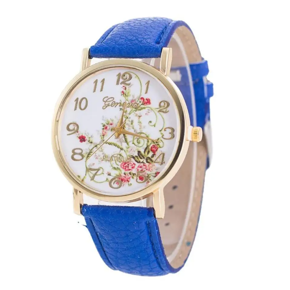 Timezone#301 Женева женские Модные цветок зеркало часы аналоговые кварцевые часы - Цвет: Синий