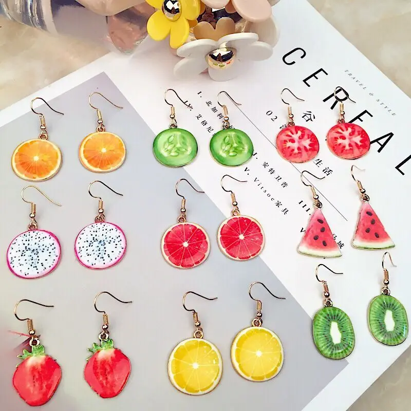 

Korean Cute Earrings Fruit Watermelon Strawberry Kiwifruit Long Earrings Female