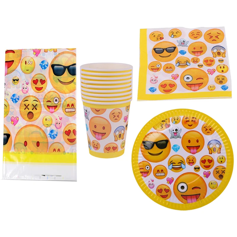 

Kids Boys Favors Napkins Baby Shower Tablecloth Plates Happy Birthday Party Cups Decoration Emoji Theme Tableware Set 61pcs/lot