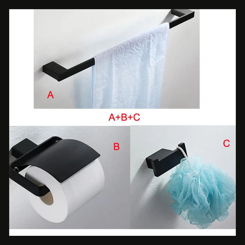 3 Piece  House Hardware Black Series Stainless Steel Bathroom Accessory Set Paper Holder Towel Bar Robe Hook