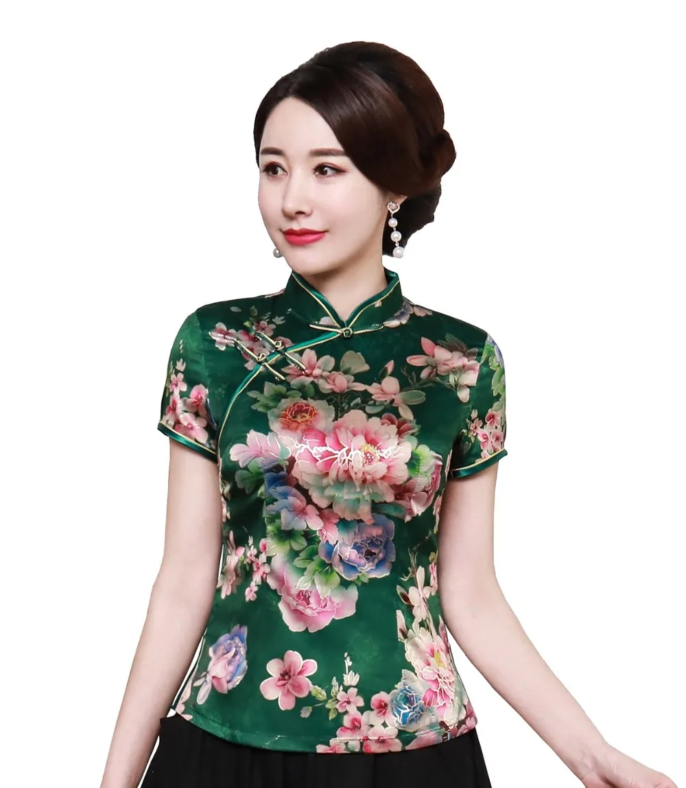 Shanghai Story Cheongsam Shirt Qipao Top Short Sleeve Chinese Traditional Tahi Chi Top Faux Silk Chinese Blouse For Woman M-5XL