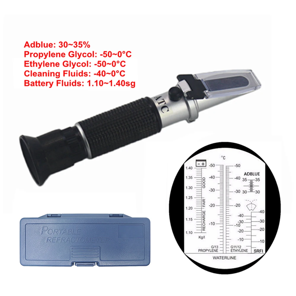 

Refractometer Antifreeze Adblue Engine Fluid Propylene Ethylene Glycol Car Cleaning Battery Fluids Freezing Point ATC 4 in 1