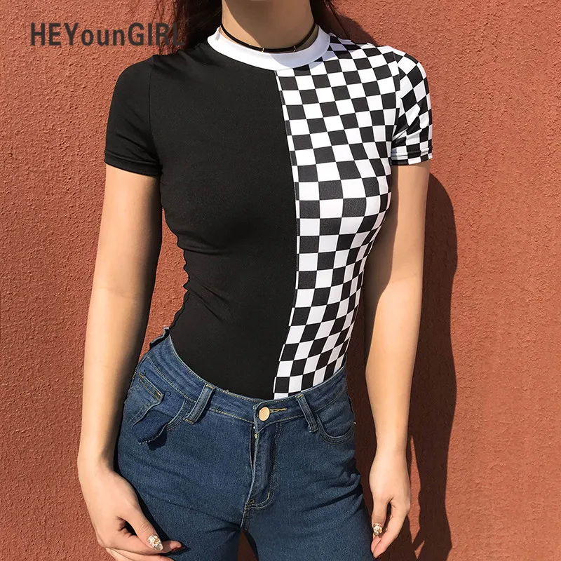 HEYounnGIRL Checkered Short Sleeve Womens Bodysuit Patchwork Black Checkerboard Femme Bodysuits Skinny Plaid Fashion Body Suits HEYounnGIRL Checkered Short Sleeve Womens Bodysuit Patchwork Black Checkerboard Femme Bodysuits Skinny Plaid Fashion Body Suits