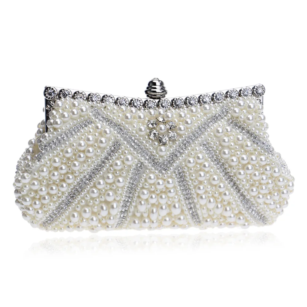 

Vintage Clutch with Crystal Diamonds and Pearls for Women, Necessary for Wedding and Party, Chain Bag