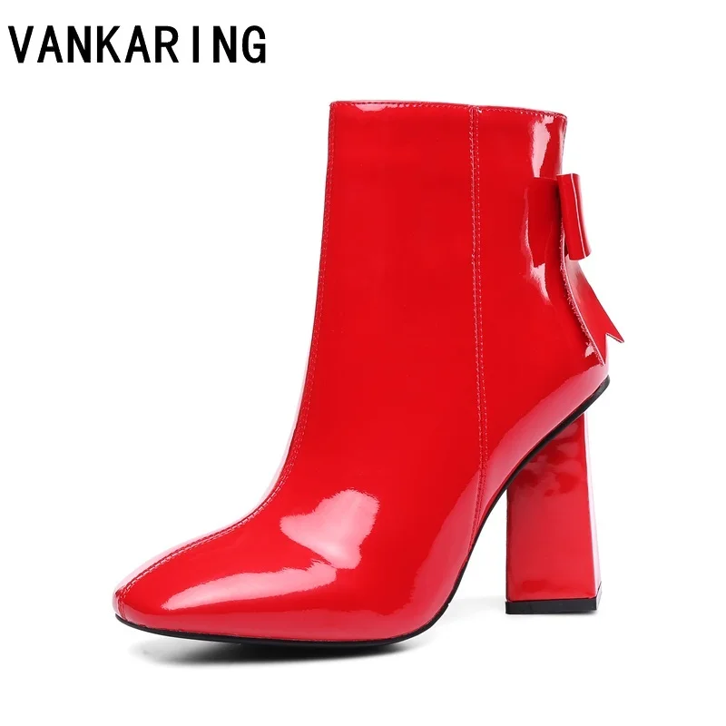 

Europe America pop brand square toe red black shoes pumps patent leather ankle boots woman sexy high heels riding boots platform