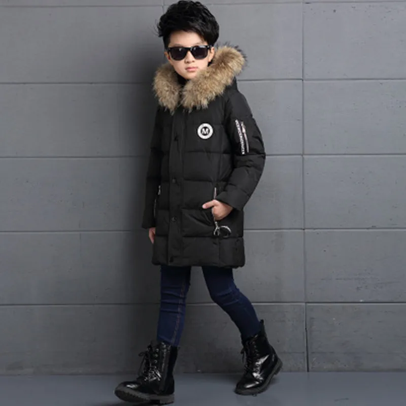 ФОТО 2016 New Brand Children Down Parka Winter Boys Long Coats White Duck Down Jackets Thickening With Hooded Black Blue Orange Green