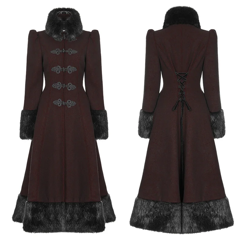 PUNK RAVE Gothic Lolita Women Elegant Long Winter Coat Vintage Palace Princess with Fur Collar