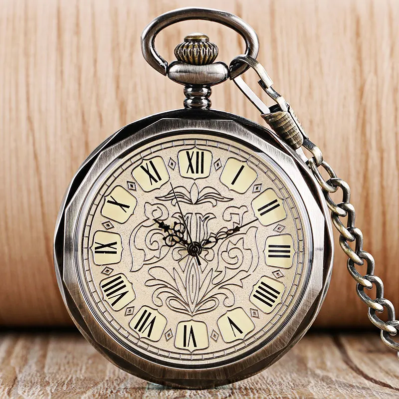 Винтажные Механические карманные часы с открытым лицом и римскими цифрами, часы с подвеской на цепочке с цветком, мужские и женские Роскошные наручные часы