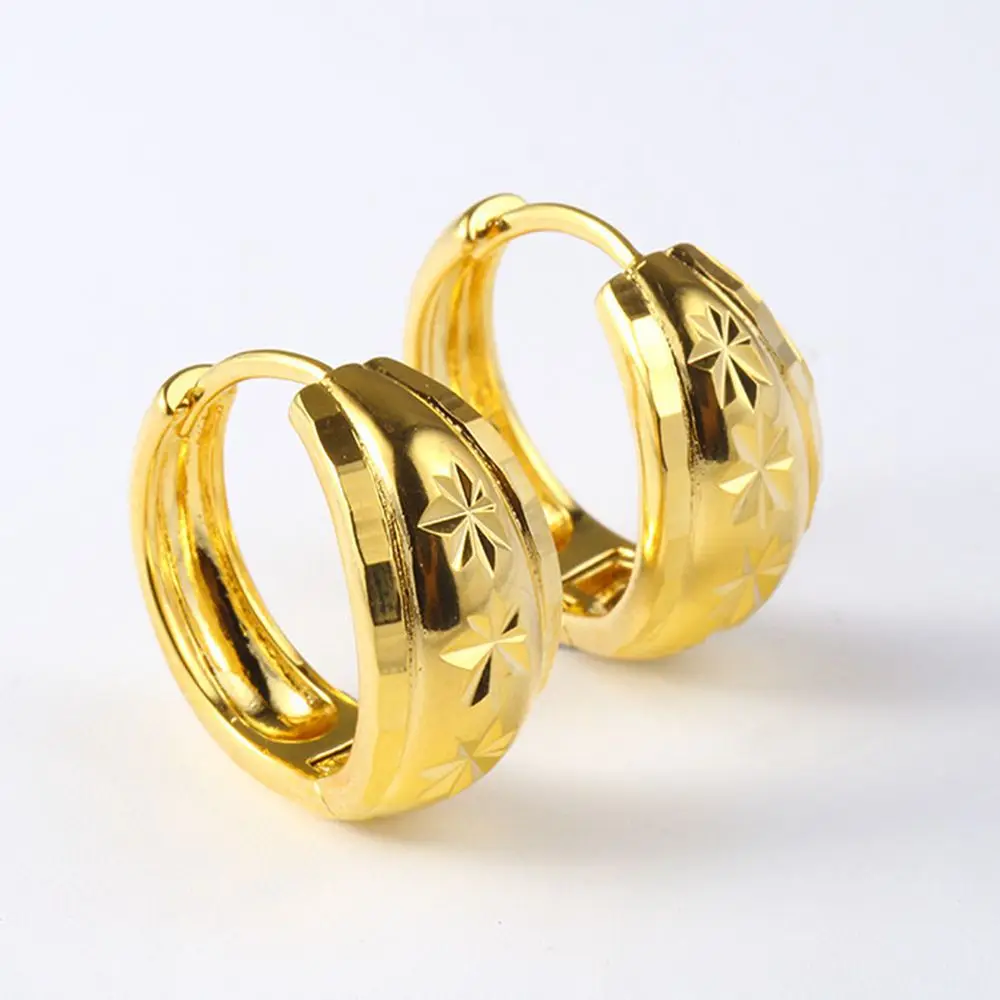 

Thick Hoop Earrings Star Carved Yellow Gold Filled Womens/Girls Huggie Earrings Gift