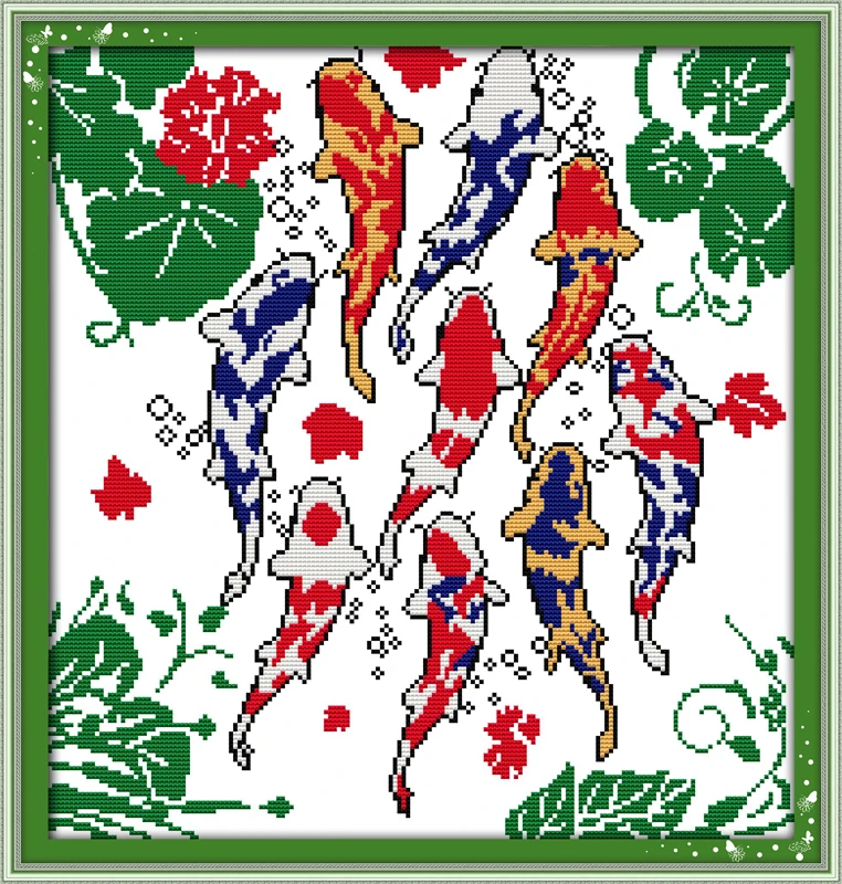 

Nine carp swimming, counted printed on fabric DMC 14CT 11CT Cross Stitch kits,embroidery needlework Sets, Home Decor