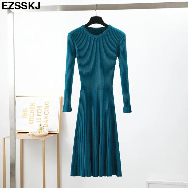 elegant Long sleeve OL O-neck long Sweater dress women Thick knit Autumn Winter dress female Slim A-line basic dress casual pink dress