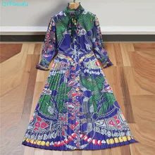 QYFCIOUFU New 2018 High Quality Womens Maxi Sundresses Long Sleeve Fashion Runway Floral Print Pleated Elegant Long Summer Dress
