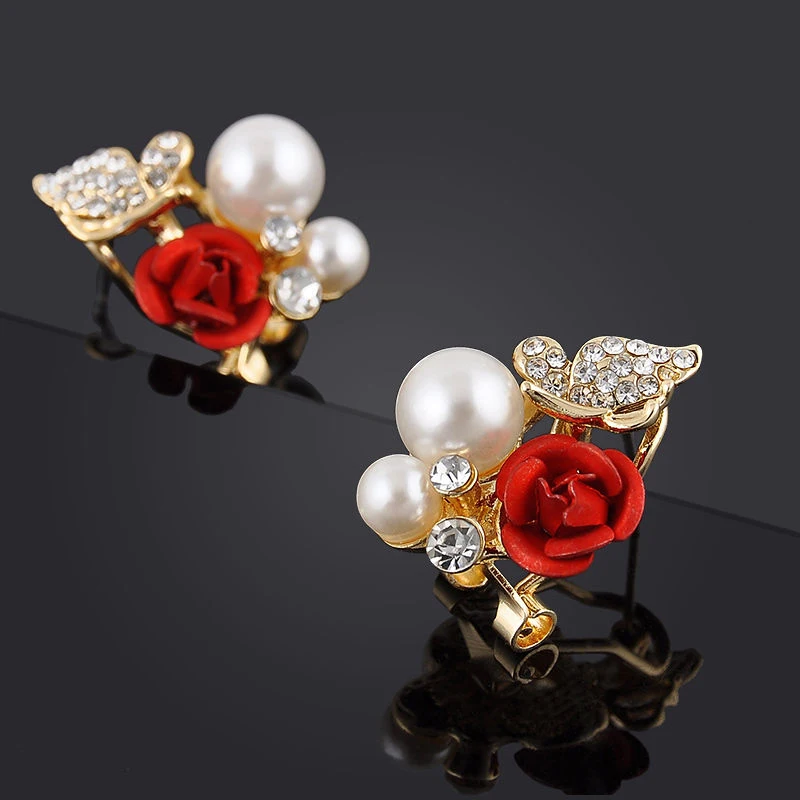 2pcs Vintage Red Rose Butterfly Earring Shellahrd Rhinestone Crystal Bead Brincos Stud Earrings Fashion Wedding Jewelry Gift