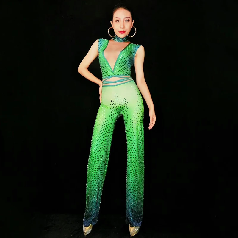 Сексуальные Зеленые Zentai Стразы брюки с широкими штанинами костюм для танцев