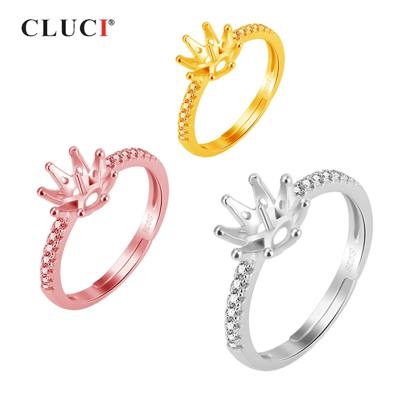 

CLUCI 925 Sterling Silver Rose Gold Crown Ring for Women Silver 925 Pearl Ring Mounting Adjustable Women Rings Jewelry