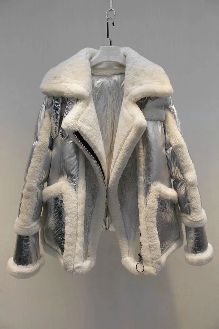 ZURICHOUSE, Европейский дизайн, серебряный пуховик для женщин, зима, высокое качество, настоящая овечья шерсть, Сращивание, теплый пуховик, куртка для женщин