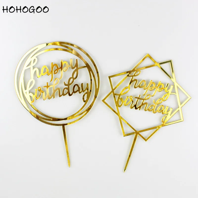 

HOHOGOO1pc 3 Colors Happy Birthday Cake Topper Acrylic Round Square Pattern Gold Pink Black Birthday Party Cake Decoration Tools