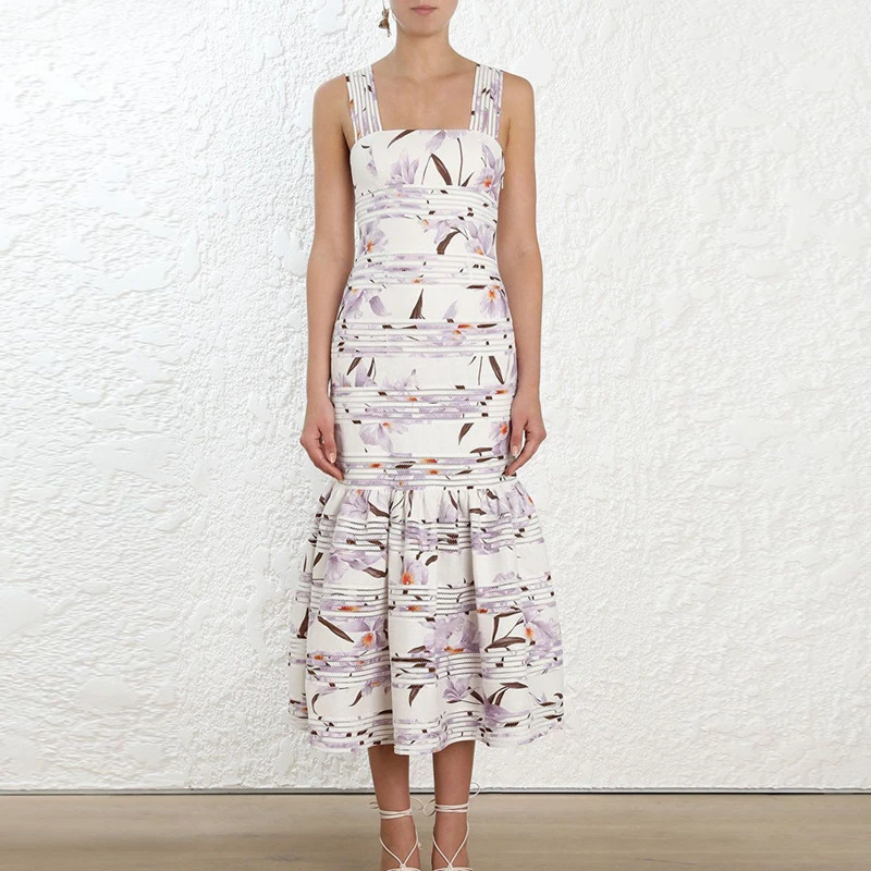 

2019 ZIM Designer Runway Women Dresses Floral Print Mermaid Slash Neck Long Dress Spaghetti Strap Summer Vacation Beach Dresses