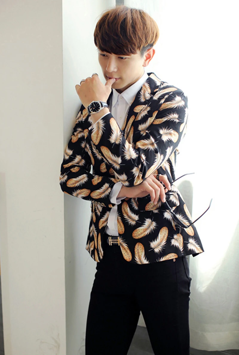 Unique Feather Pattern Men's Slim Single Breasted Suit Jacket Blazers
