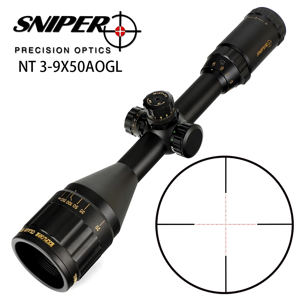 SNIPER NT 3-9X50 AOGL Full Size RG Illuminate Mil-Dot Glass Etched Reticle RifleScopes Locking Resetting Hunting Rifle Scope |