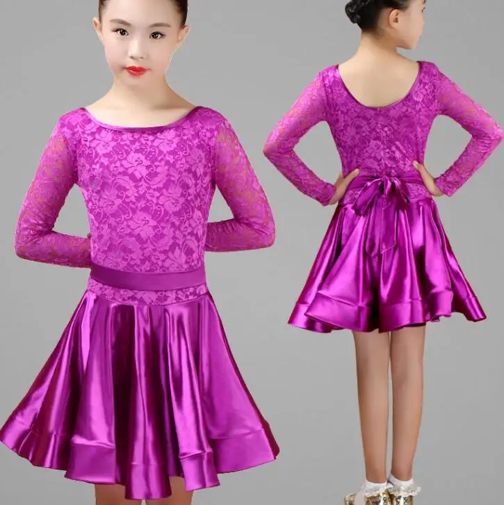 Платье для бальных танцев; кружевное платье для девочек; платье для танцев в латинском стиле; платье для выступлений на сцене; Румба; Чача; Сальса; Самба; танцевальное платье; костюмы - Цвет: long sleeves purple