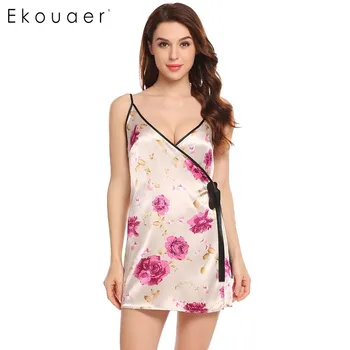 

Ekouaer Women Sexy Nightgown Summer V-Neck Spaghetti Strap Tie Up Patchwork Satin Sleepwear Dress Fashion Print Mini Nightwear