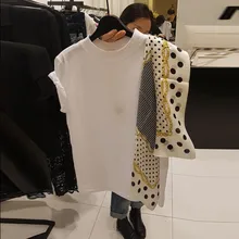 Новинка, модная летняя женская футболка в горошек, шарф, прошитая футболка с коротким рукавом, Женская Студенческая футболка для отдыха, Универсальная футболка, топы