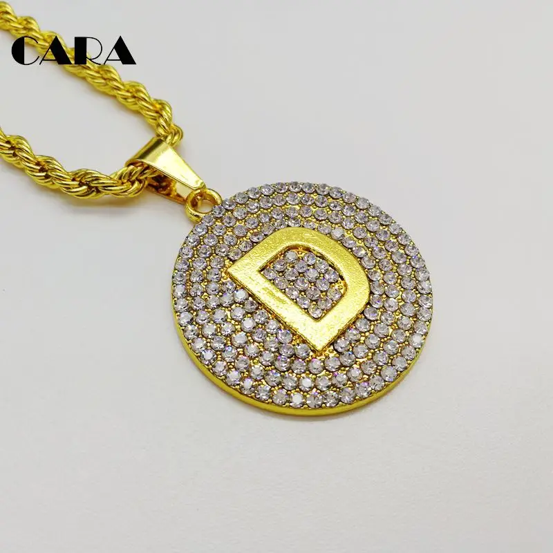 

CARA New Iced Out Bling Bling full rhinestones Letter D round plated necklace pendant mens treet dance fashion necklace CARA0409