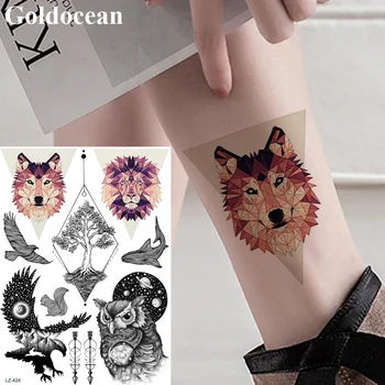 

Triangle Lion Wolf Black Eagle Owl Fake Tattoos Stickers Large Ankle Wrist Temporary Tatto Women Men Custom Art Tattoo Cosmetic