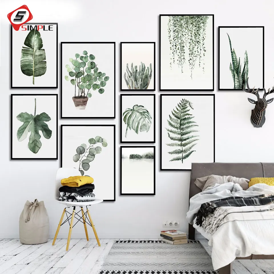 

Watercolor Plant Leaves Poster Print Cactus Canvas Painting For Living Room Wall Picture Nordic Green Plants Home Decor No Frame