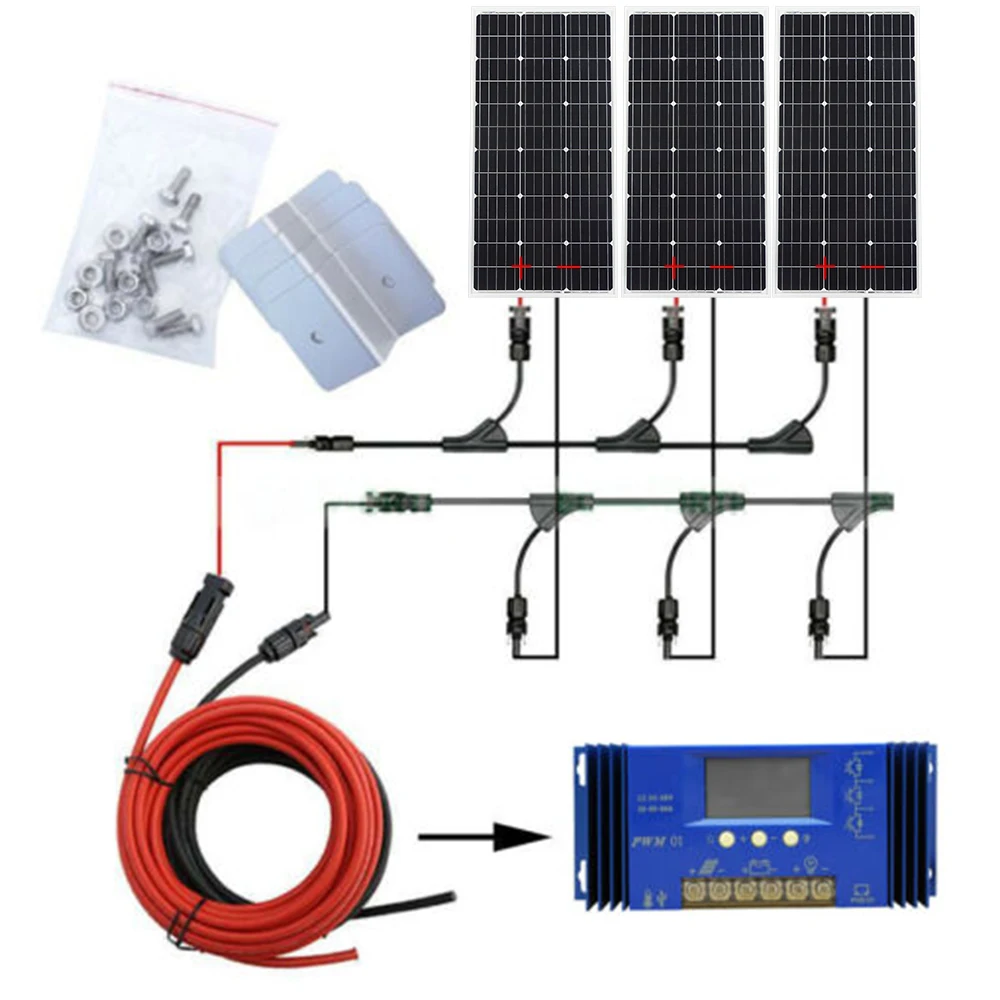 

ECOworthy 300W solar system: 3pcs 100W mono solar power panel & 60A controller& 5m black red cables Y MC4 charge FOR 12V battery