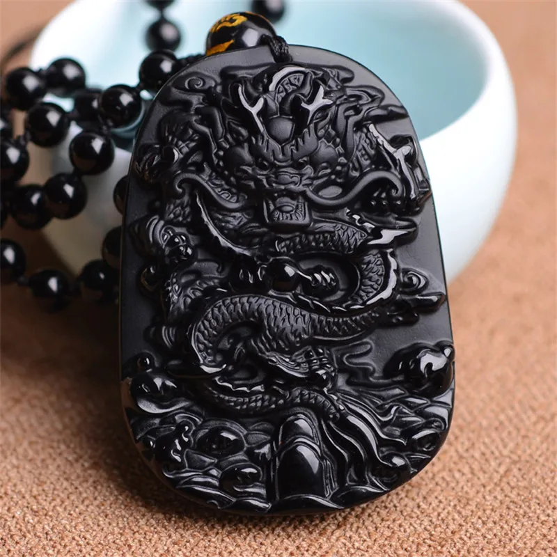 

Wholesale 10pcs/lot Natural Obsidian Carving Chinese Dragon Pendant Women Men's Lucky Amulet Jewelry Pendants+Beads Necklace