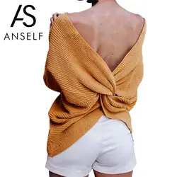 ANSELF Для женщин Свободные трикотажные пуловеры с v-образным вырезом с бантом сзади Свитер с длинными рукавами Заниженные плечевые крест